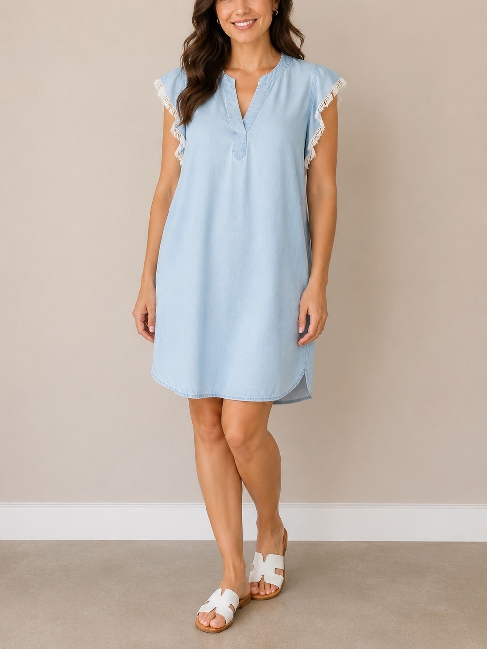 Light Blue chambray Sleeveless Dress with Fringe sleeve detail .
